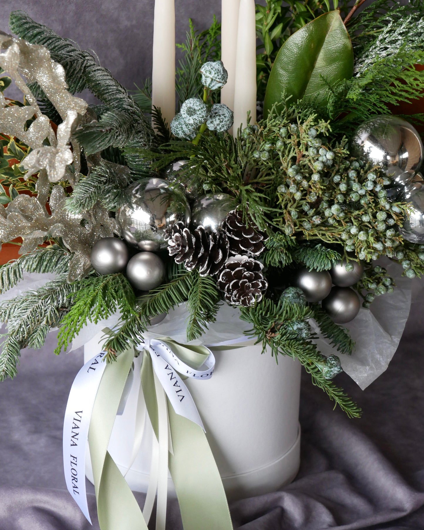 Christmas Flowers, Christmas flower arrangement, Flower delivery in Boston, Flower delivery in Quincy, Quincy florist, Boston Florist, Same-Day Delivery, Christmas Centerpiece, Flowers in a Hat Box, Hat Box Flower Arrangement