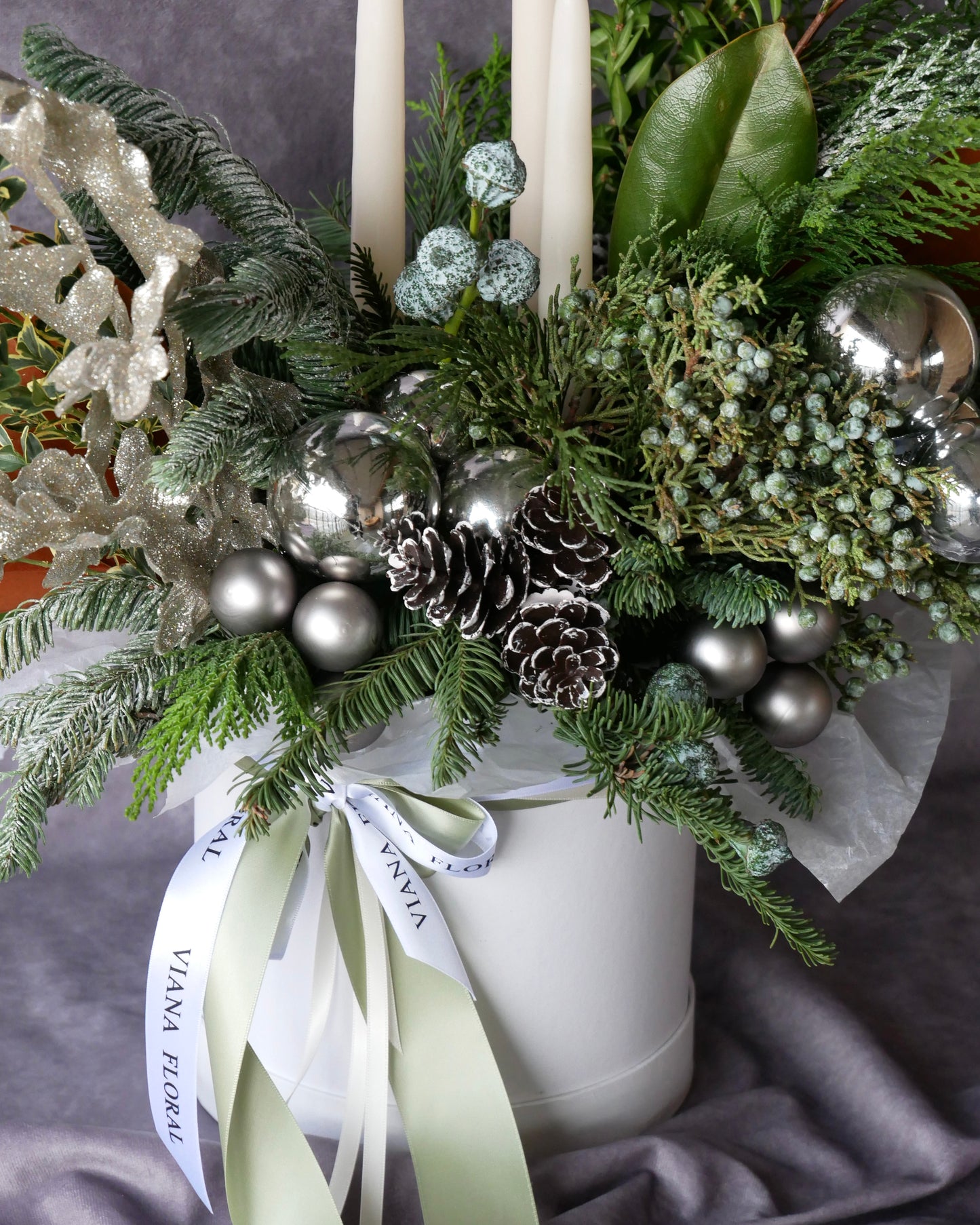 Christmas Flowers, Christmas flower arrangement, Flower delivery in Boston, Flower delivery in Quincy, Quincy florist, Boston Florist, Same-Day Delivery, Christmas Centerpiece, Flowers in a Hat Box, Hat Box Flower Arrangement