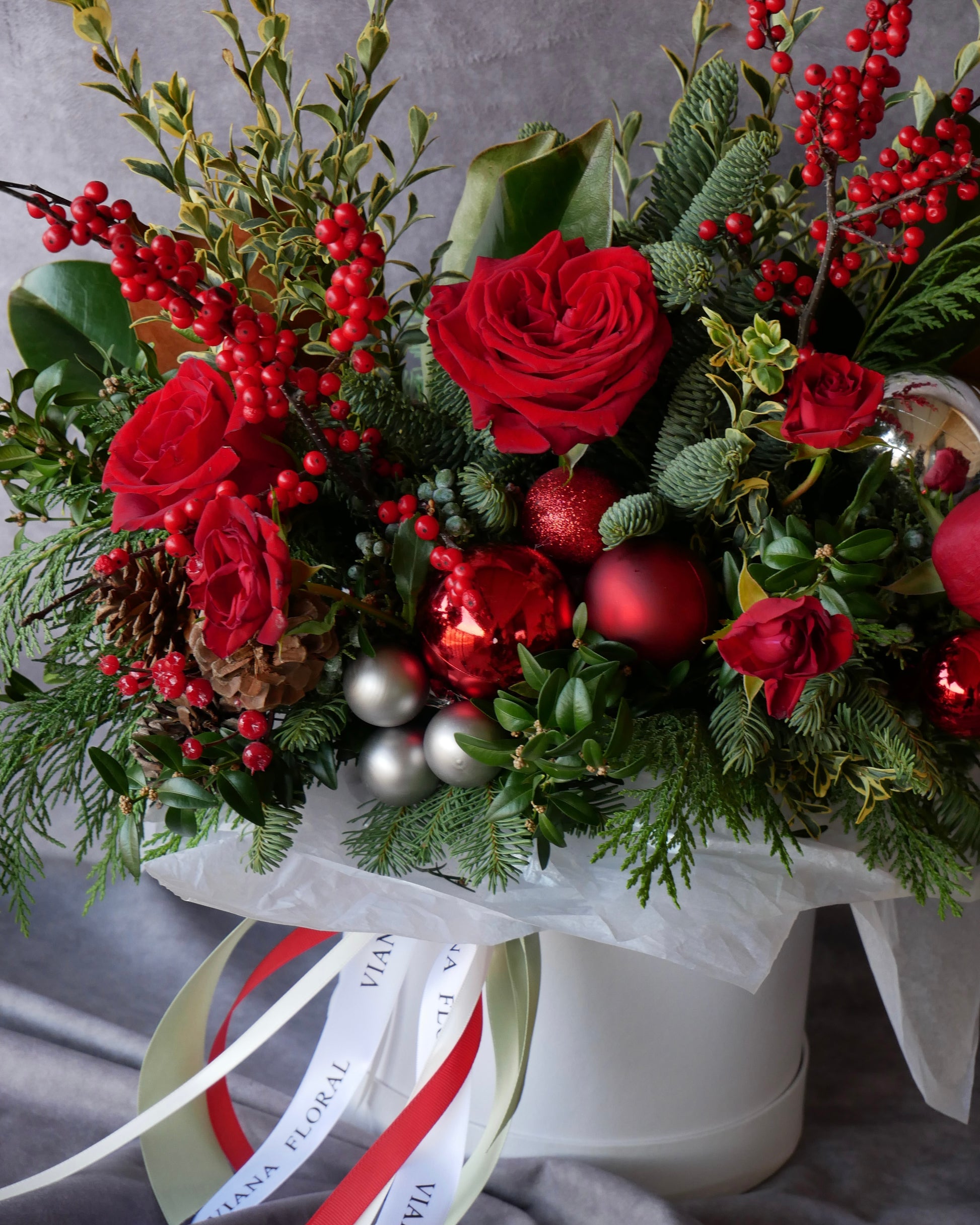 Christmas Flowers, Christmas flower arrangement, Flower delivery in Boston, Flower delivery in Quincy, Quincy florist, Boston Florist, Same-Day Delivery, Christmas Centerpiece, Flowers in a Hat Box, Hat Box Flower Arrangement