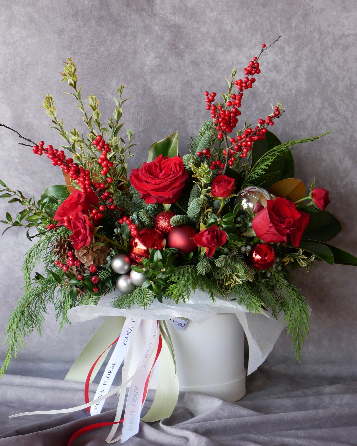 Christmas Flowers, Christmas flower arrangement, Flower delivery in Boston, Flower delivery in Quincy, Quincy florist, Boston Florist, Same-Day Delivery, Christmas Centerpiece, Flowers in a Hat Box, Hat Box Flower Arrangement