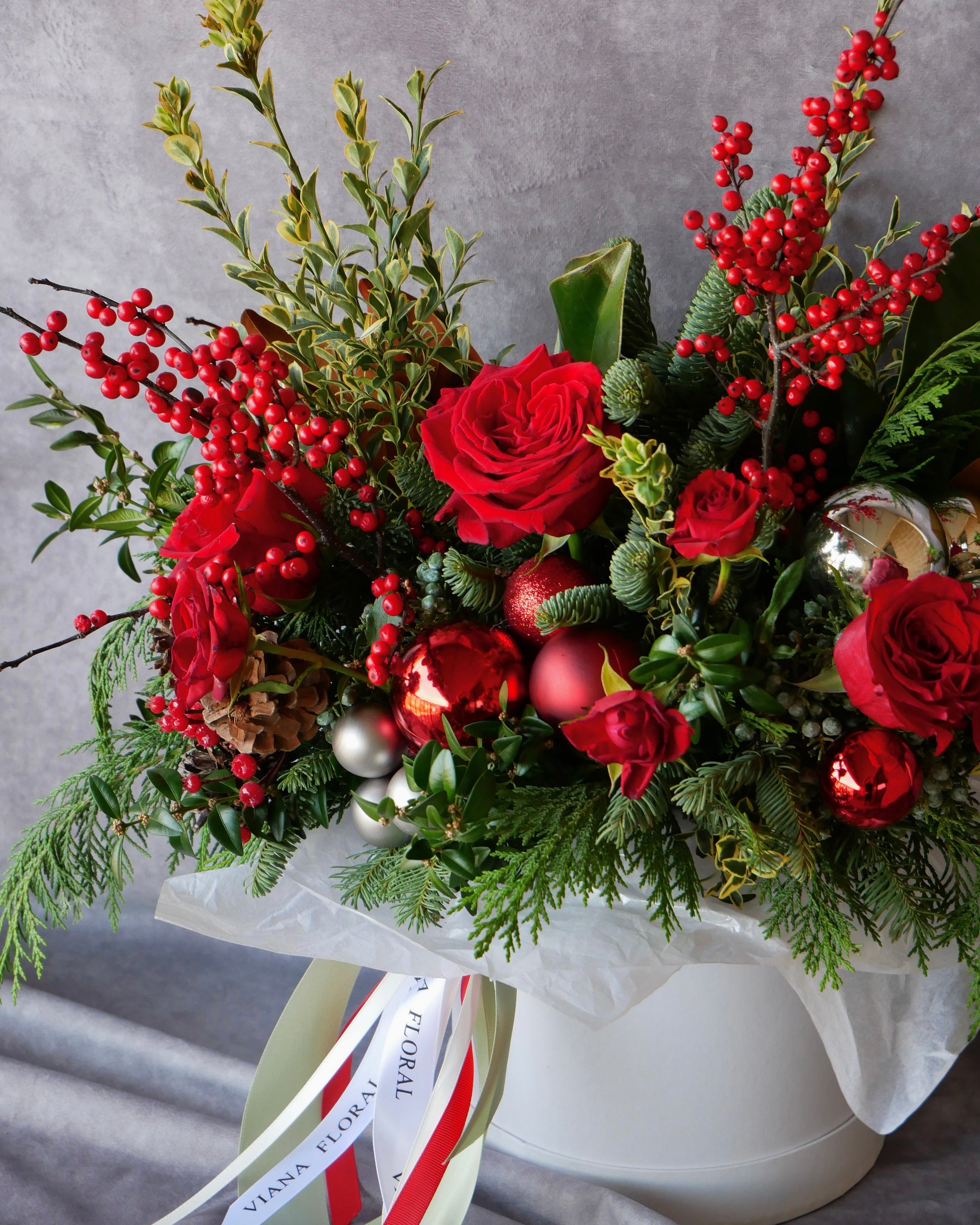 Christmas Flowers, Christmas flower arrangement, Flower delivery in Boston, Flower delivery in Quincy, Quincy florist, Boston Florist, Same-Day Delivery, Christmas Centerpiece, Flowers in a Hat Box, Hat Box Flower Arrangement