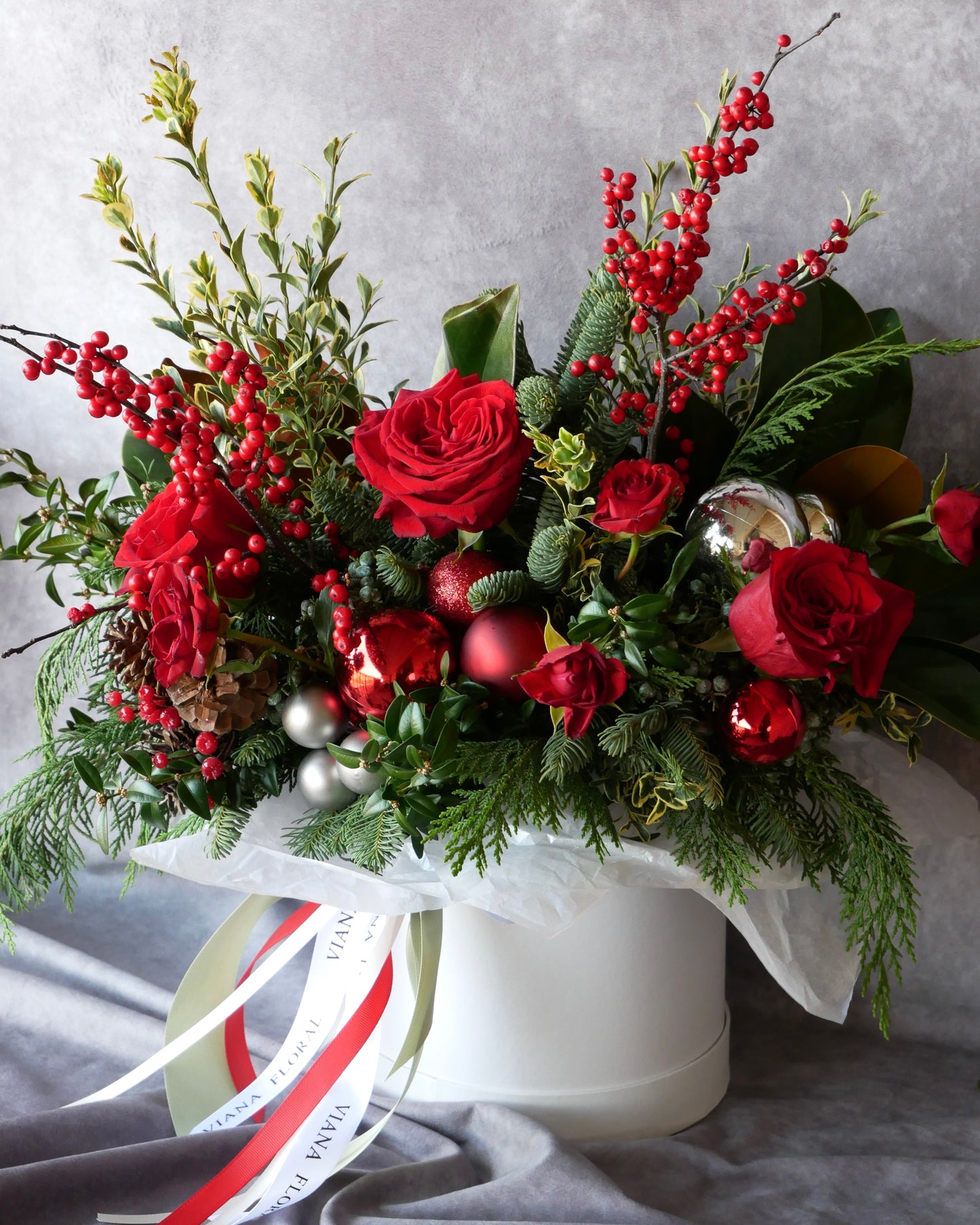 Christmas Flowers, Christmas flower arrangement, Flower delivery in Boston, Flower delivery in Quincy, Quincy florist, Boston Florist, Same-Day Delivery, Christmas Centerpiece, Flowers in a Hat Box, Hat Box Flower Arrangement